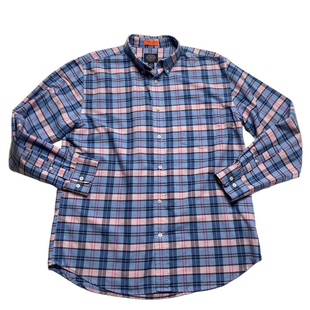 St. John’s Bay Comfort Stretch Easy Care Pink Blue Plaid Button Down Shirt L
